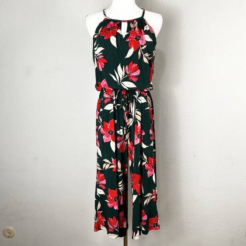 Maggy London Jumpsuit Blouson Halter-Neck Green Bold Floral Size 6 NWOT